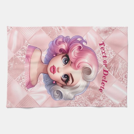 レトログラマー女の子アニメーションかわいい漫画美しい キッチンタオル (横)