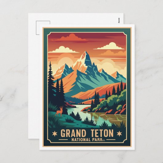 レトログランドテトンハイクサンセットTシャツ シーズンポストカード (正面/裏面)