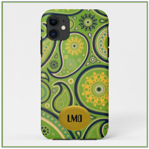 レトログリーンとイエローペイズリーデザインiPhoneケース iPhone 11 ケース