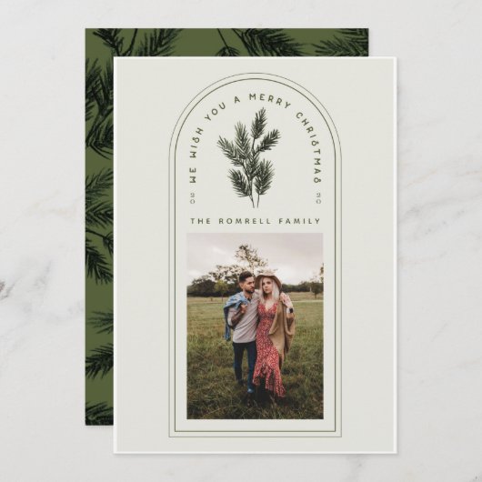 レトログリーンとクリームアーチと松の枝写真 シーズンカード (正面/裏面)