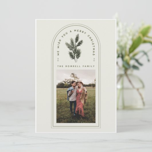 レトログリーンとクリームアーチと松の枝写真 シーズンカード (スタンド正面)