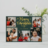 レトログリーンとゴールドのメリークリスマス家族写真 箔シーズンカード (立ち正面)