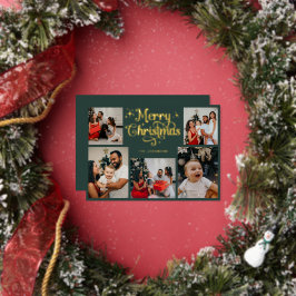 レトログリーンとゴールドのメリークリスマス家族写真 箔シーズンカード