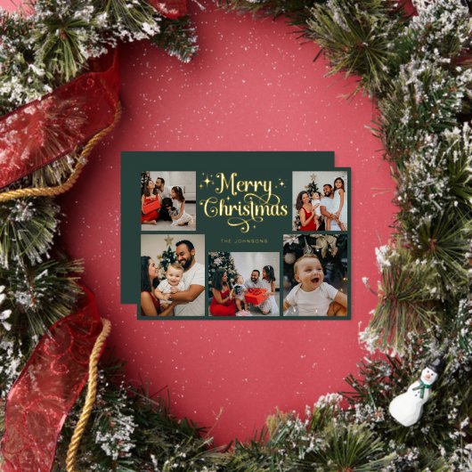 レトログリーンとゴールドのメリークリスマス家族写真 箔シーズンカード (インサイチュ)