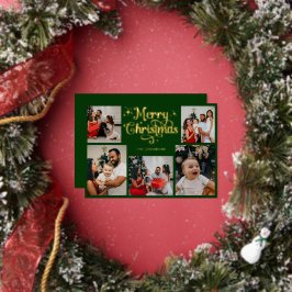レトログリーンとゴールドのメリークリスマス家族写真 箔シーズンカード