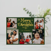 レトログリーンとゴールドのメリークリスマス家族写真 箔シーズンカード (立ち正面)
