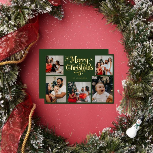 レトログリーンとゴールドのメリークリスマス家族写真 箔シーズンカード (インサイチュ)