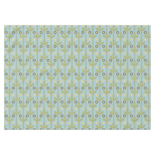 レトログリーンとブルーかわいい民俗花の柄 テーブルクロス (正面(横))