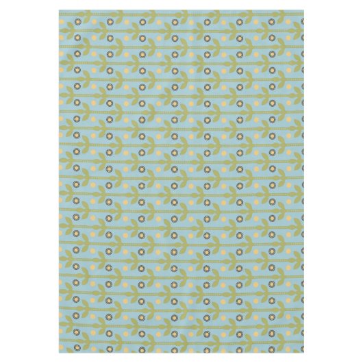 レトログリーンとブルーかわいい民俗花の柄 テーブルクロス (正面)