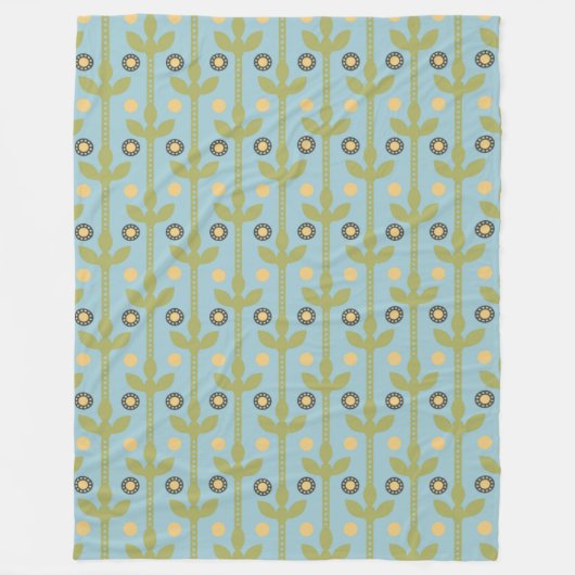 レトログリーンとブルーかわいい民俗花の柄 フリースブランケット (正面)