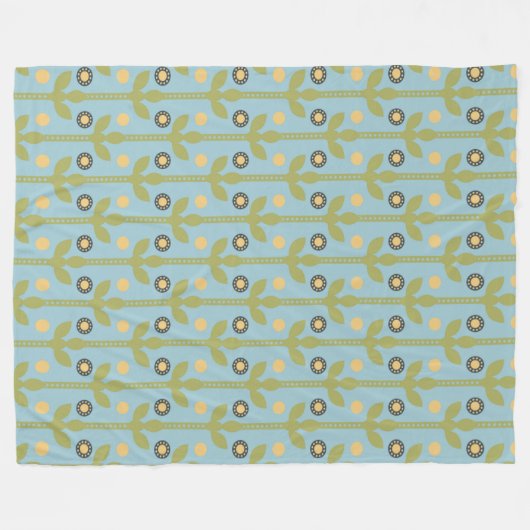 レトログリーンとブルーかわいい民俗花の柄 フリースブランケット (正面(横))