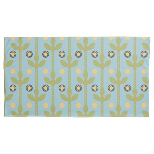 レトログリーンとブルーかわいい民俗花の柄 枕カバー (正面左)