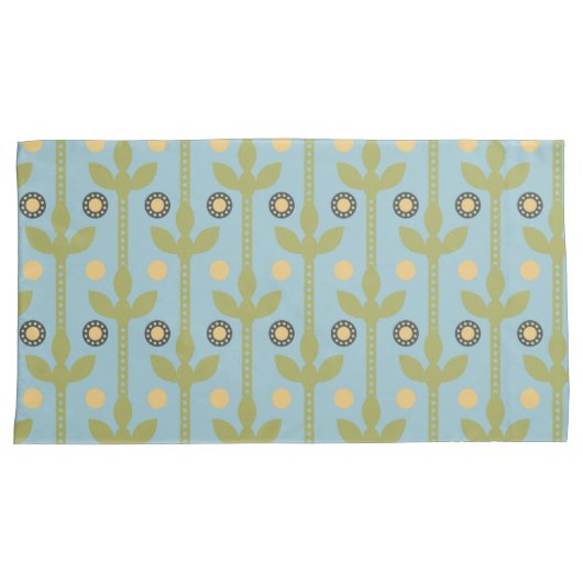 レトログリーンとブルーかわいい民俗花の柄 枕カバー (正面右)