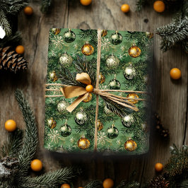 レトログリーンと金ゴールドオーナメント包装紙 ラッピングペーパー