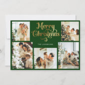 レトログリーンと金ゴールドメリークリスマスファミリーフォト シーズンカード (正面)