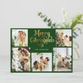 レトログリーンと金ゴールドメリークリスマスファミリーフォト シーズンカード (スタンド正面)