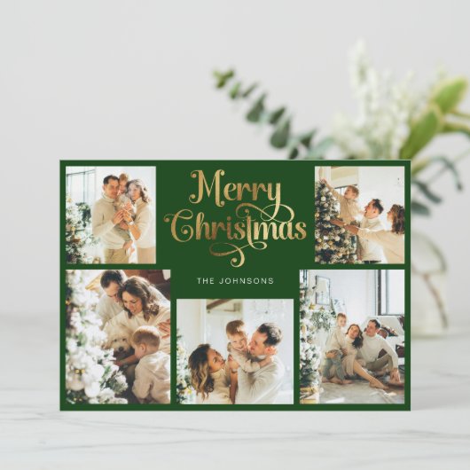 レトログリーンと金ゴールドメリークリスマスファミリーフォト シーズンカード (スタンド正面)