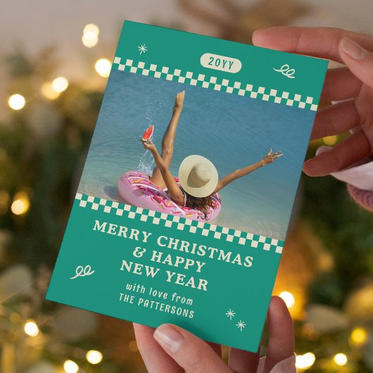 レトログリーンのクリスマスフォトカード シーズンカード