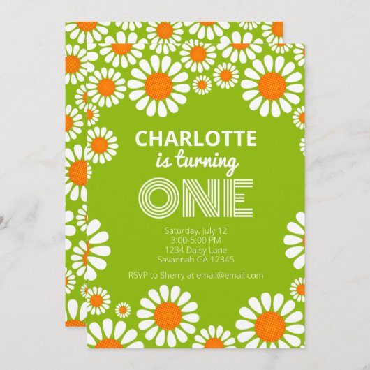 レトログリーンアンドオレンジデイジーファースト誕生日 招待状 (正面/裏面)