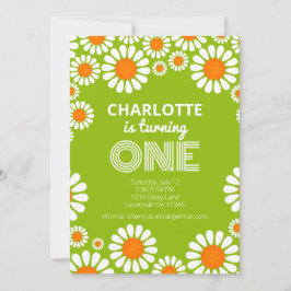 レトログリーンアンドオレンジデイジーファースト誕生日 招待状