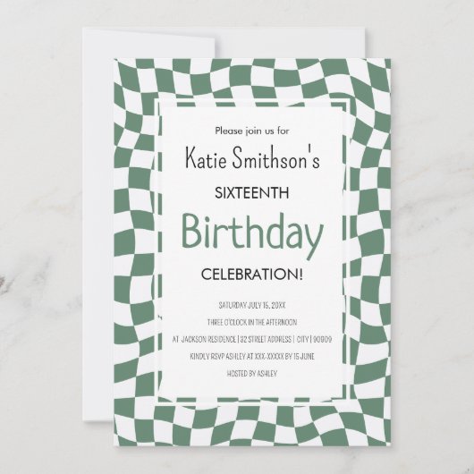 レトログリーンウェーブチェック誕生日 招待状 (正面)