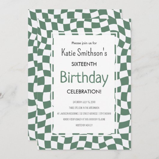 レトログリーンウェーブチェック誕生日 招待状 (正面/裏面)