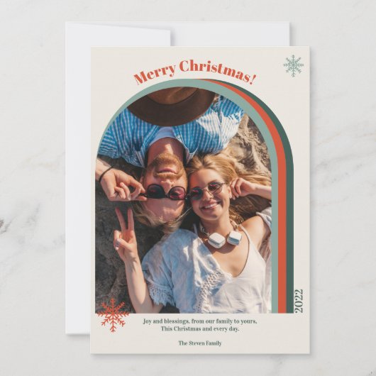 レトログリーンクリスマスのアーチ写真の雪片 シーズンカード (正面)