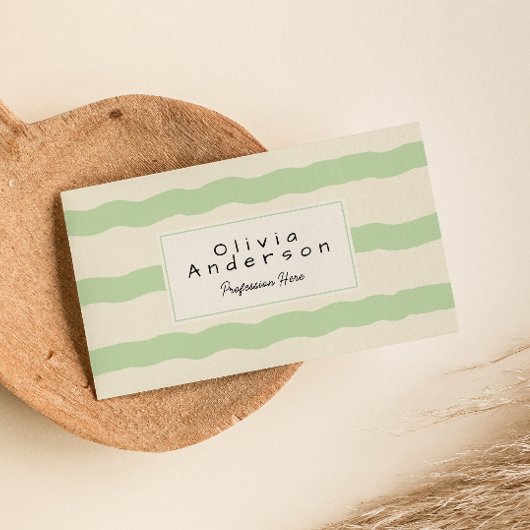 レトログリーンクリームウェーブストライプトレンディーボホ 名刺