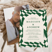 レトログリーンチェッカーボード結婚写真 招待状