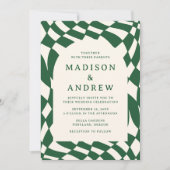 レトログリーンチェッカーボード結婚写真 招待状 (正面)