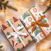 レトログリーンツリーパターンクリスマスホリデー ラッピングペーパーシート