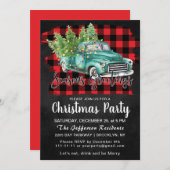 レトログリーントラックバッファロープレイドクリスマスパーティー 招待状 (正面/裏面)