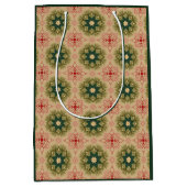 レトログリーンパインレッドレースデザインクリスマス ミディアムペーパーバッグ (正面)