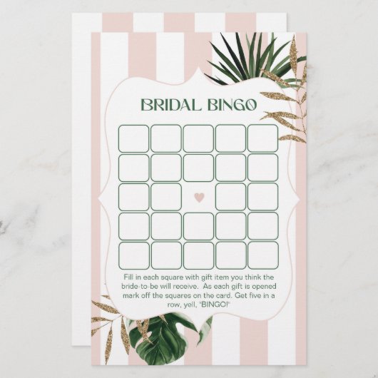 レトログリーンピンクパームブライダルシャワービンゴゲーム (正面/裏面)