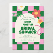 レトログリーンピンク市松模様にブライダルシャワー 招待状 (正面/裏面)