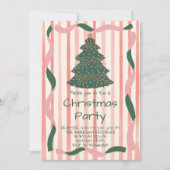 レトログリーンピンク手描きクリスマスツリーパーティー 招待状 (正面)