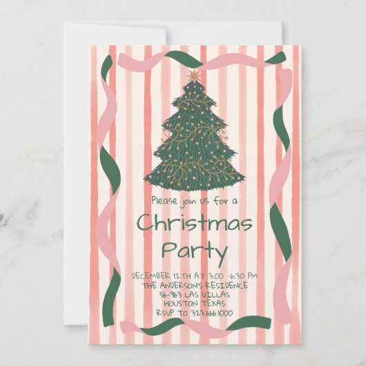 レトログリーンピンク手描きクリスマスツリーパーティー 招待状 (正面)