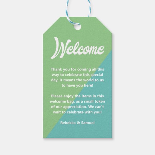 レトログリーンブルーウェルカムギフトバスケット結婚バッグ ギフトタグ (正面)