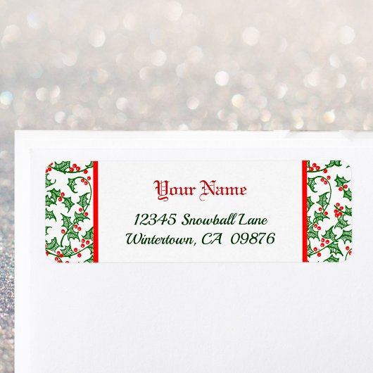 レトログリーンホリーと赤い果実のパターンラベル ラベル