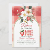 レトログリーンレッドストロベリーベリーファースト誕生日 招待状 (正面)