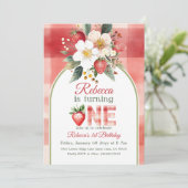 レトログリーンレッドストロベリーベリーファースト誕生日 招待状 (スタンド正面)