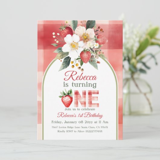 レトログリーンレッドストロベリーベリーファースト誕生日 招待状 (スタンド正面)