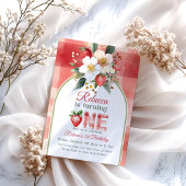 レトログリーンレッドストロベリーベリーファースト誕生日 招待状