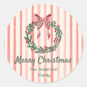 レトログリーンレッドハンドドロッドボウリースクリスマス ラウンドシール (正面)