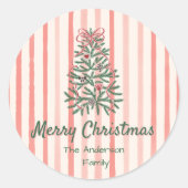 レトログリーンレッドハンドドロッドリボンツリークリスマス ラウンドシール (正面)