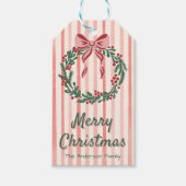 レトログリーンレッドピンクボウ描リースクリスマス ギフトタグ (正面)