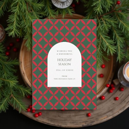 レトログリーンレッドミッドセンチュリーモダンホリデーカード