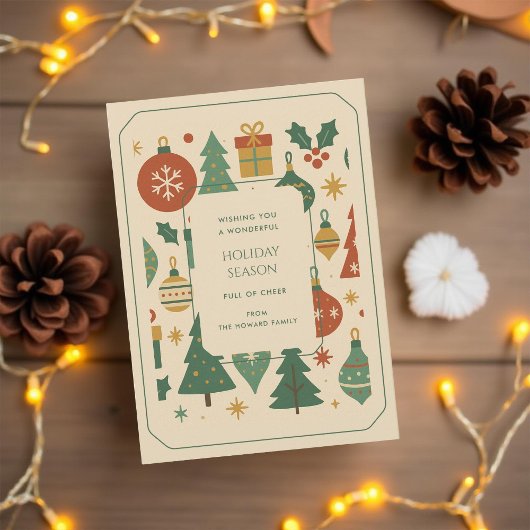 レトログリーンレッドミッドセンチュリーモダンホリデーカード