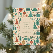 レトログリーンレッドミッドセンチュリーモダンホリデーカード
