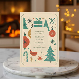 レトログリーンレッドミッドセンチュリーモダンホリデーカード